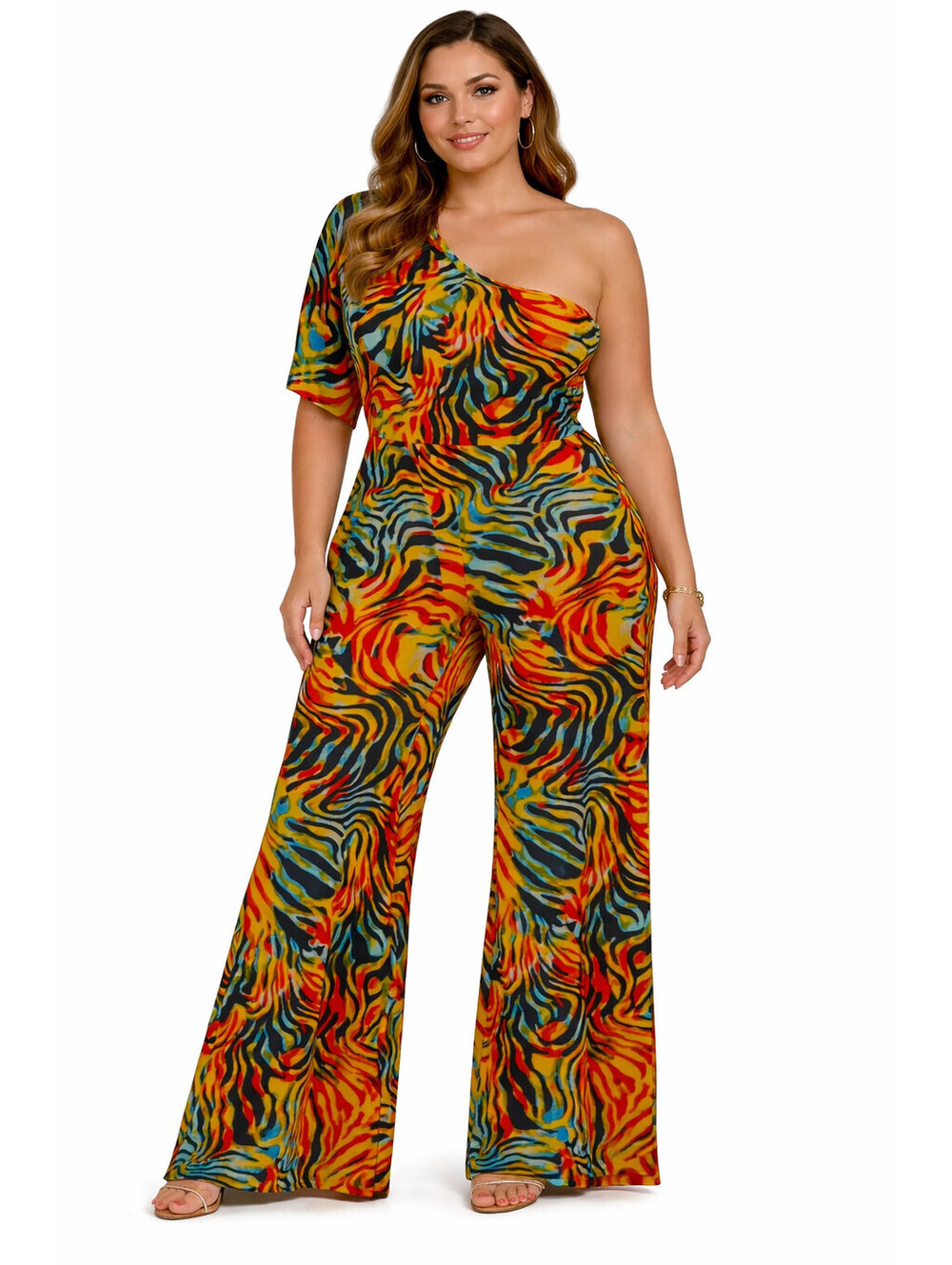 Sexy Diva Boutique One Shoulder Jumpsuit Plus Size Flare Leg Abstract NWT 3X